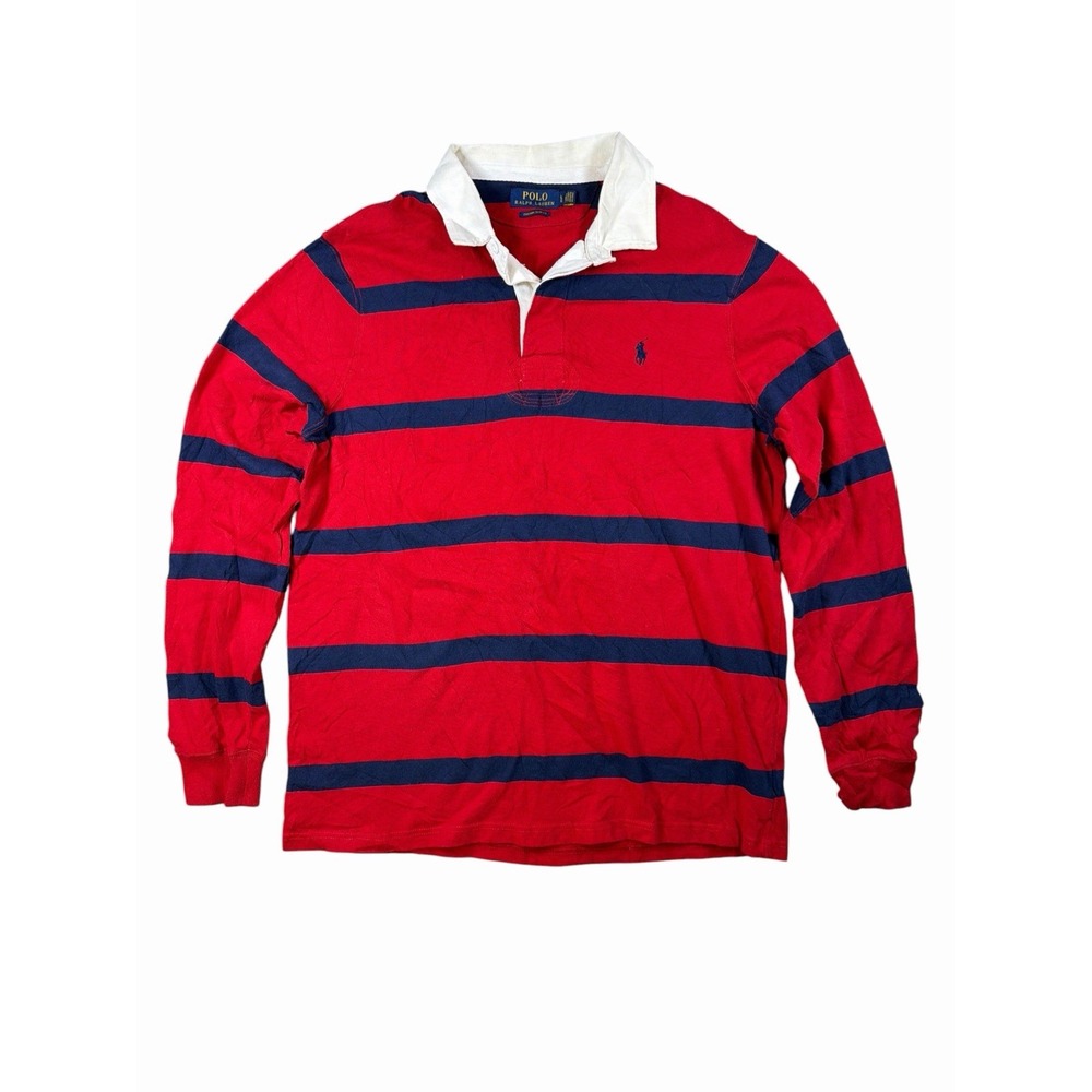 Polo Ralph Lauren Rugby Shirt Mens L Red Blue Stripe Custom Slim Fit Preppy
